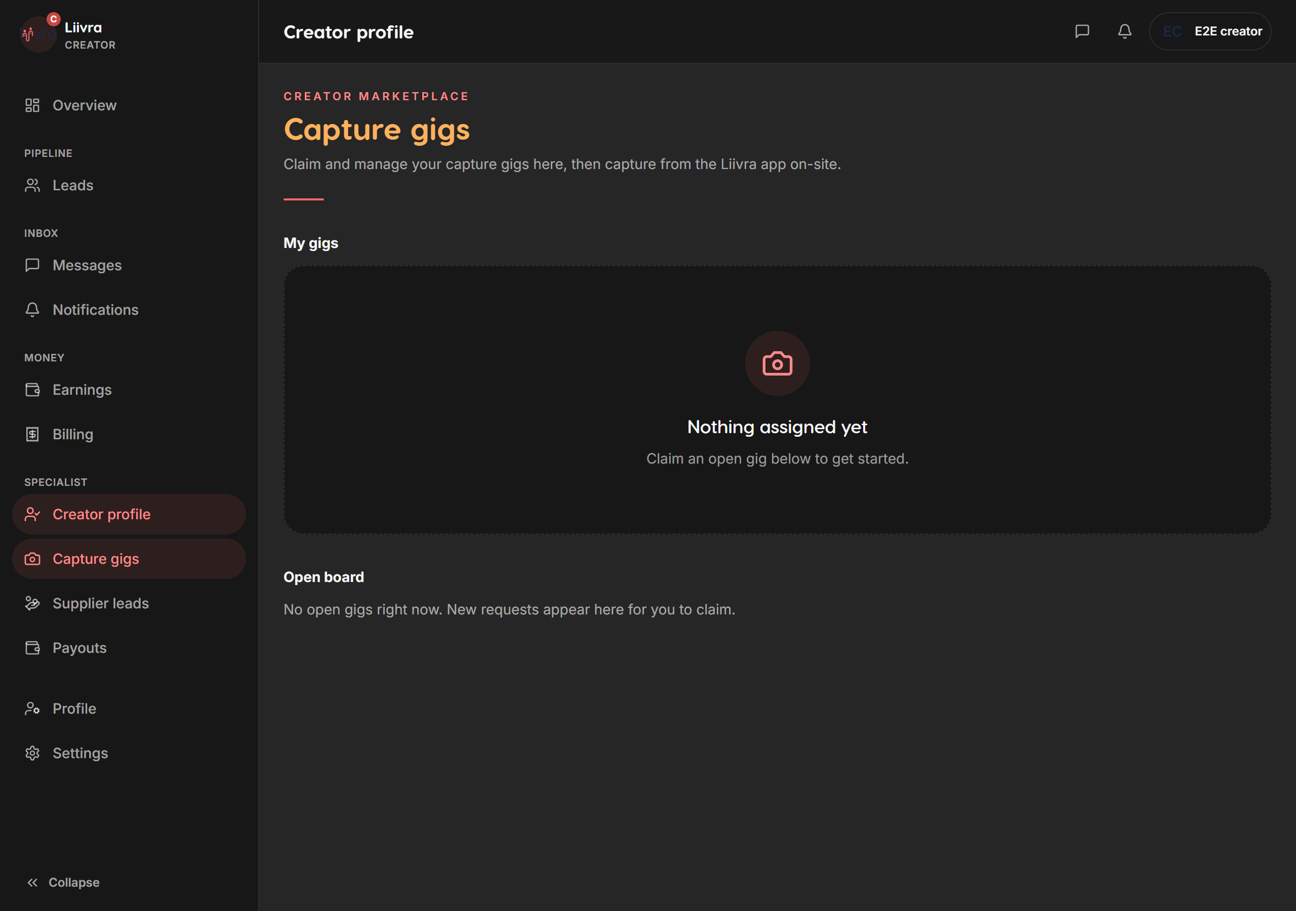 Creator gigs — Liivra web (dark)