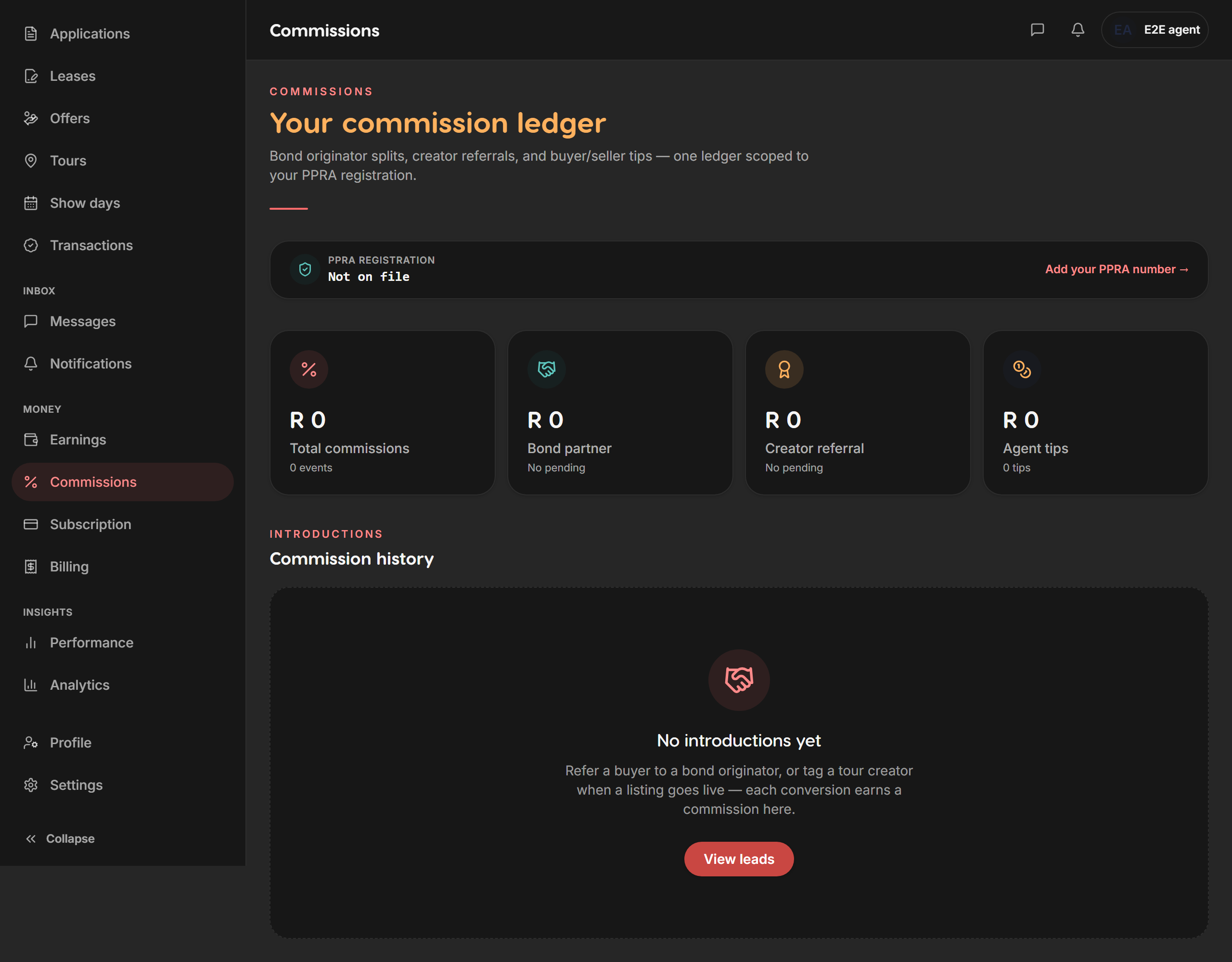 Commissions dashboard — Liivra web (dark)