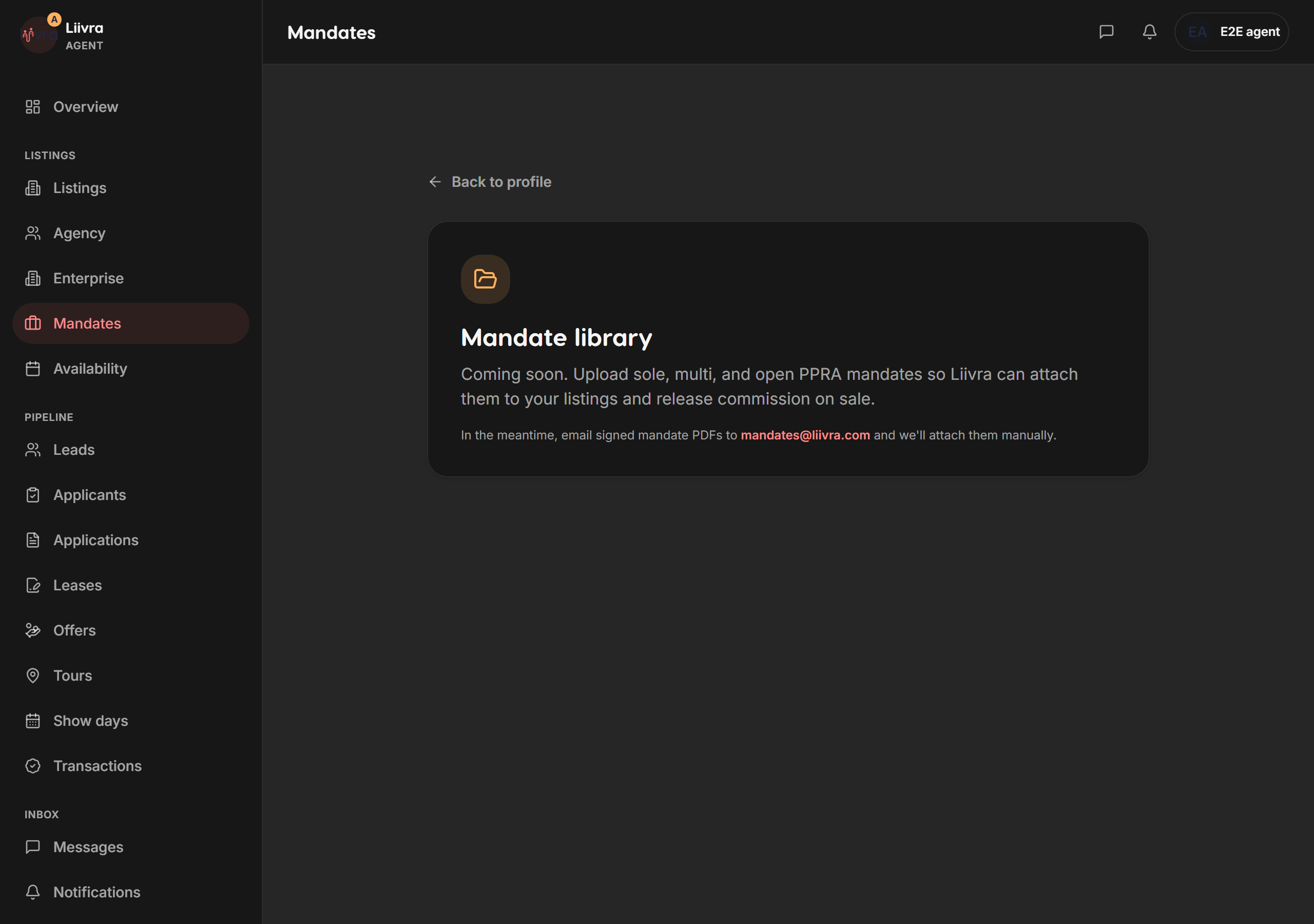 Agent mandates — Liivra web (dark)