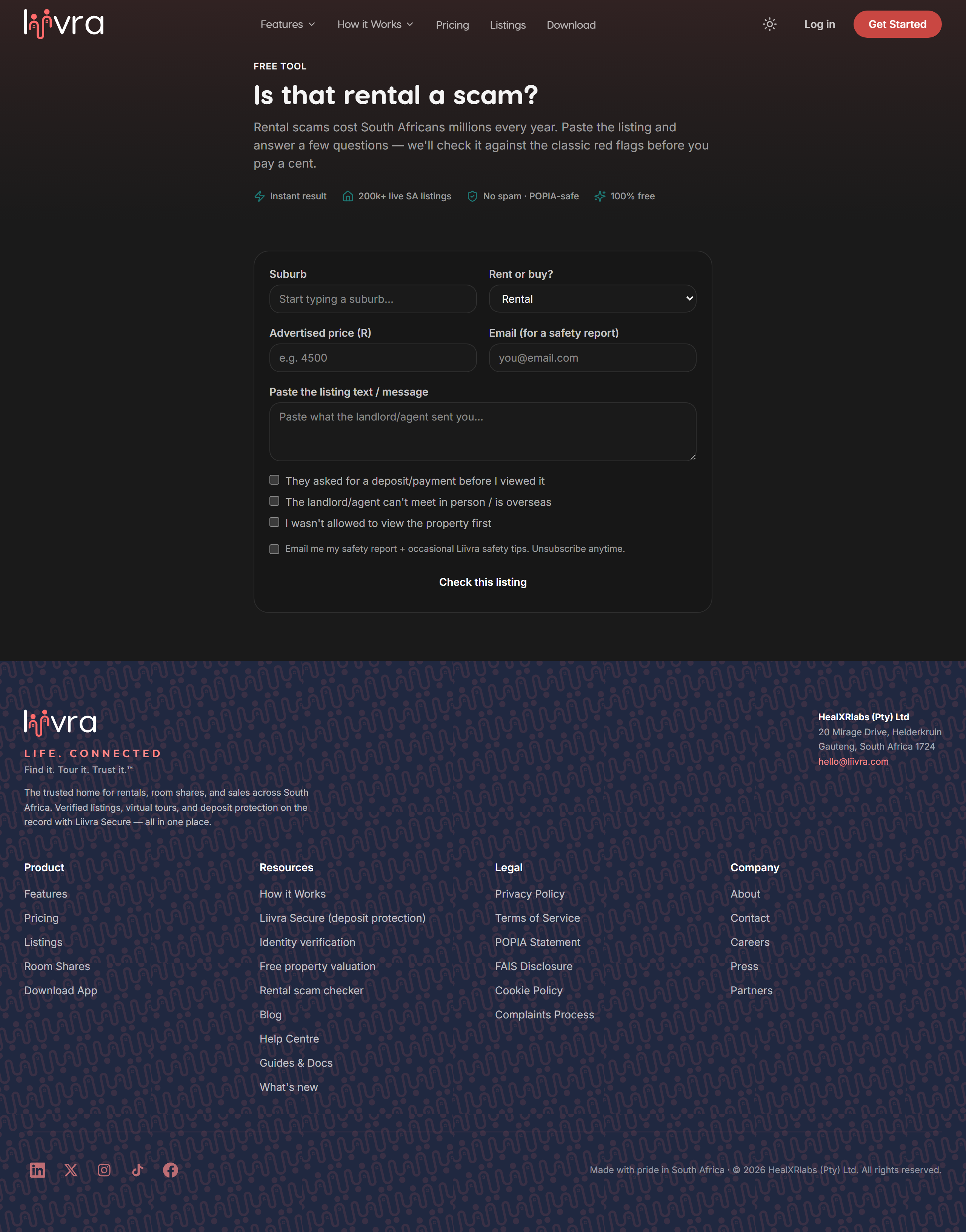 Scam check tool — Liivra web (dark)