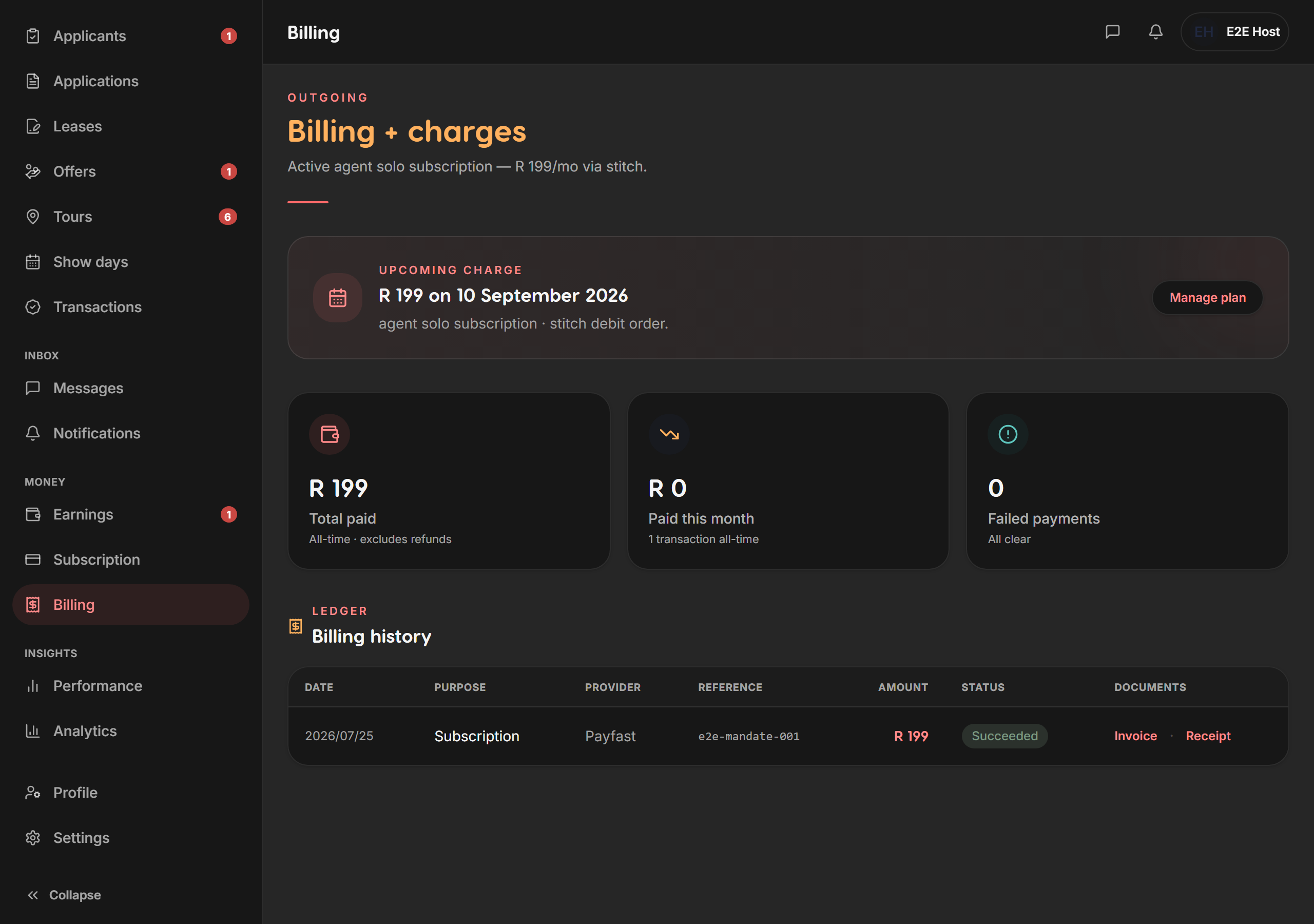 Billing history — Liivra web (dark)