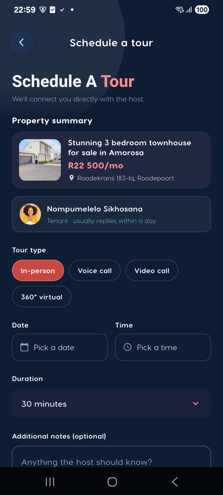 Tour request — Liivra app (dark)