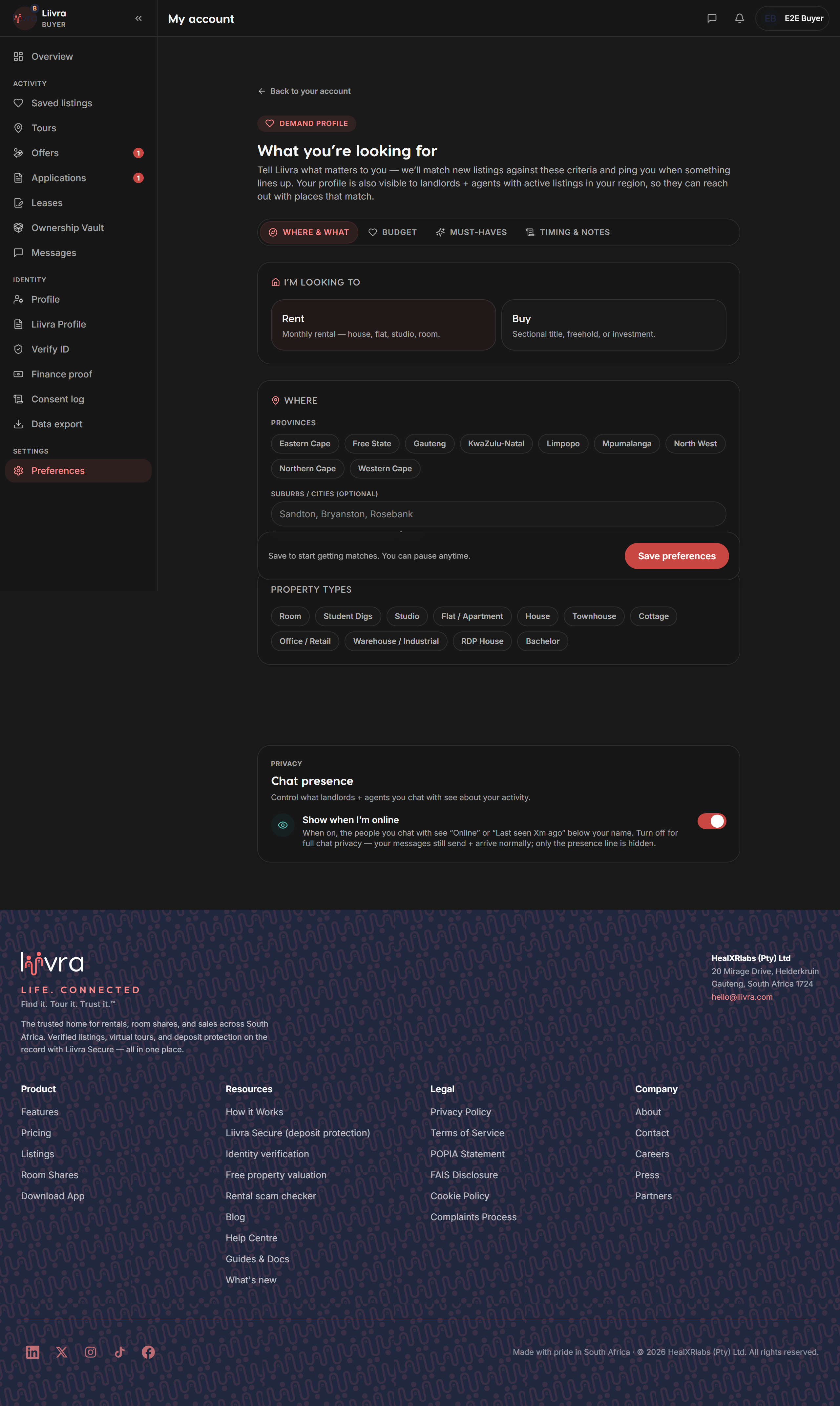 Account preferences — Liivra web (dark)