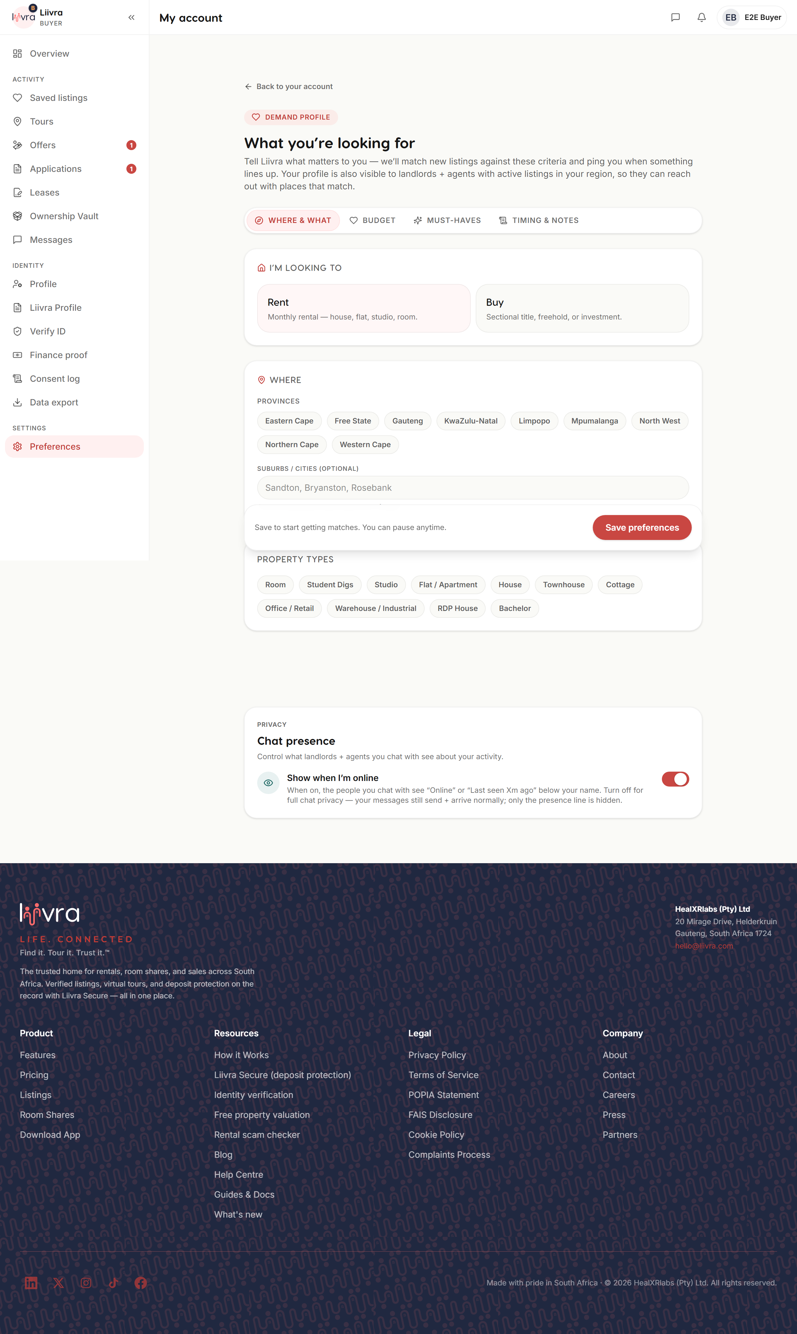 Account preferences — Liivra web