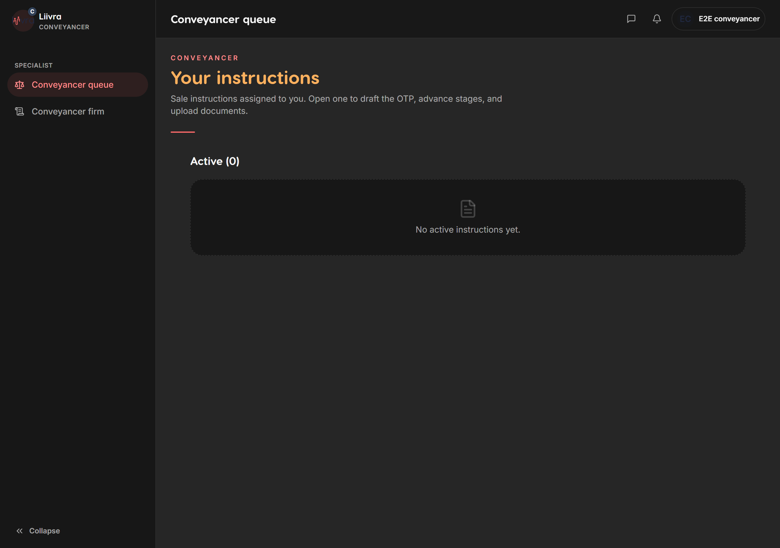 Conveyancer queue — Liivra web (dark)
