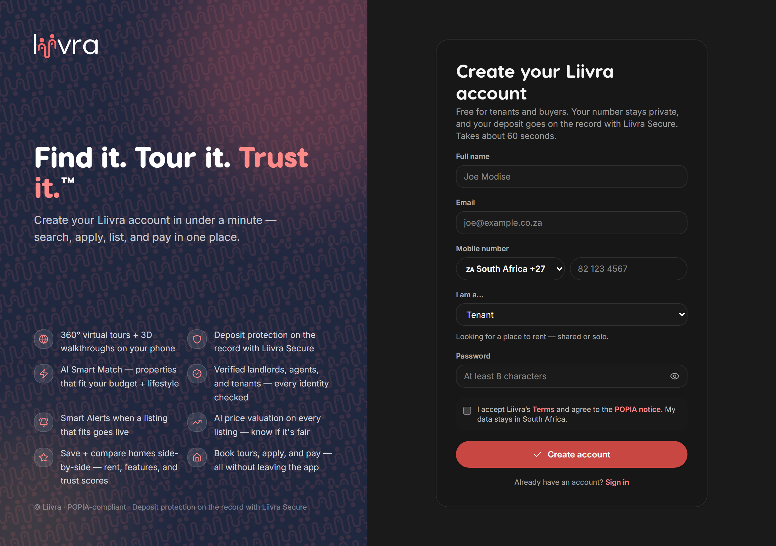 Register web — Liivra web (dark)