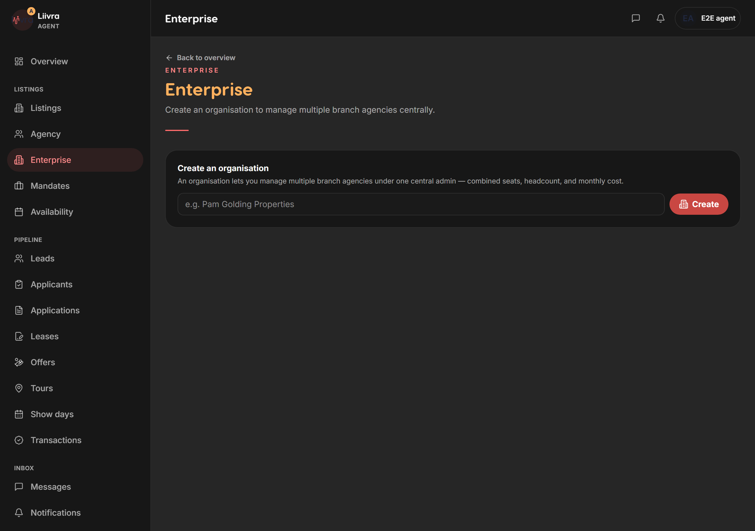 Enterprise dashboard — Liivra web (dark)