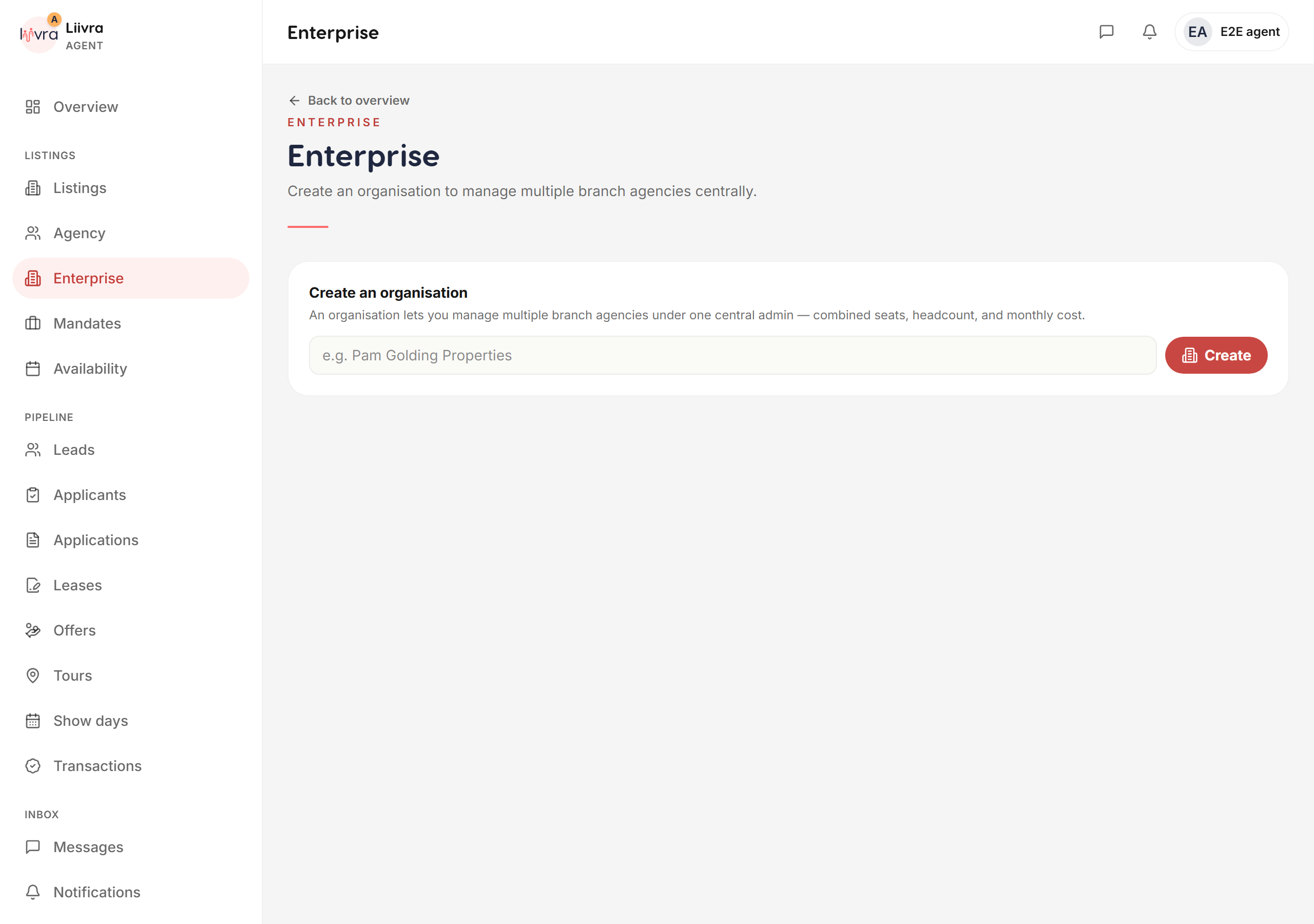 Enterprise dashboard — Liivra web