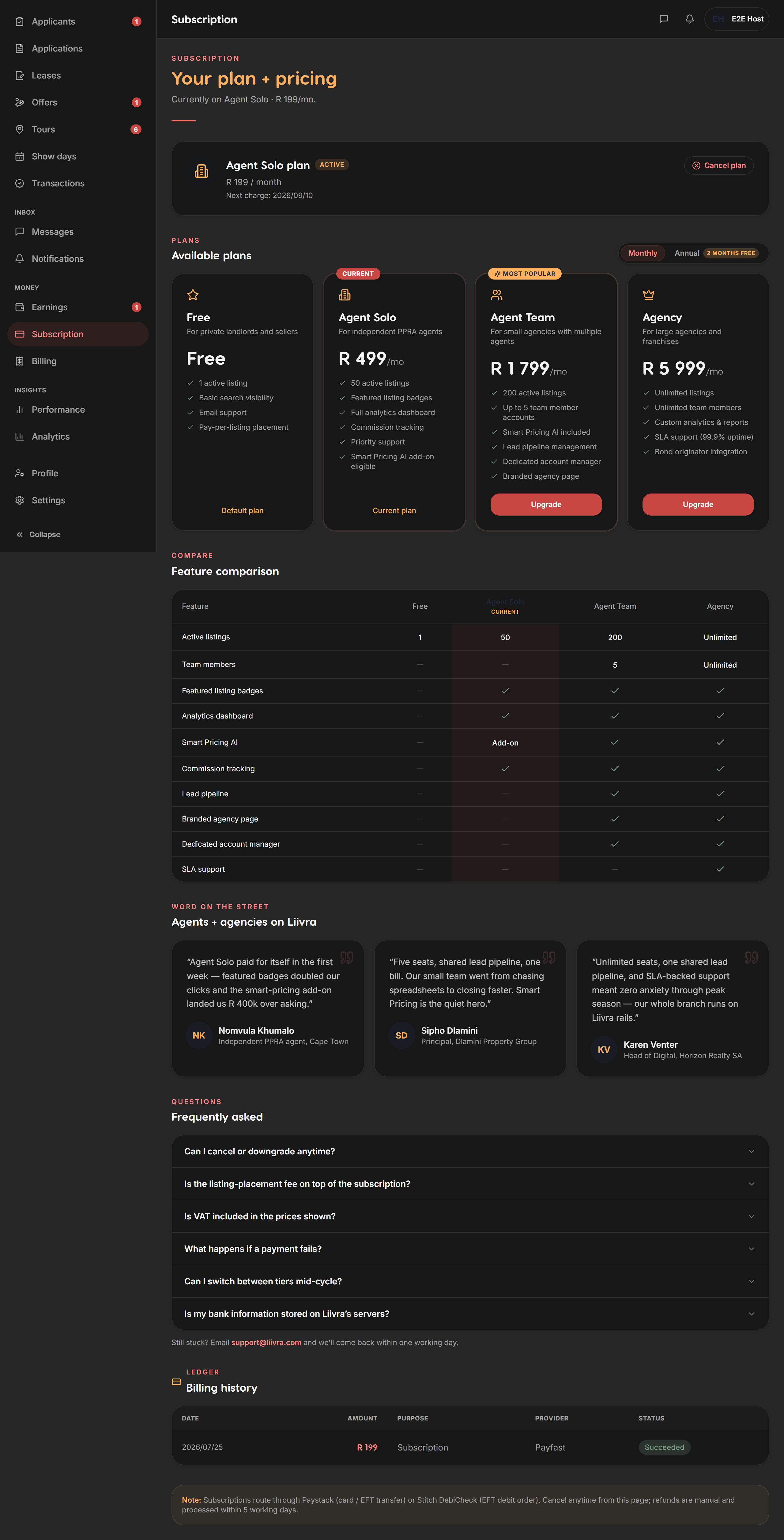 Subscription manage — Liivra web (dark)