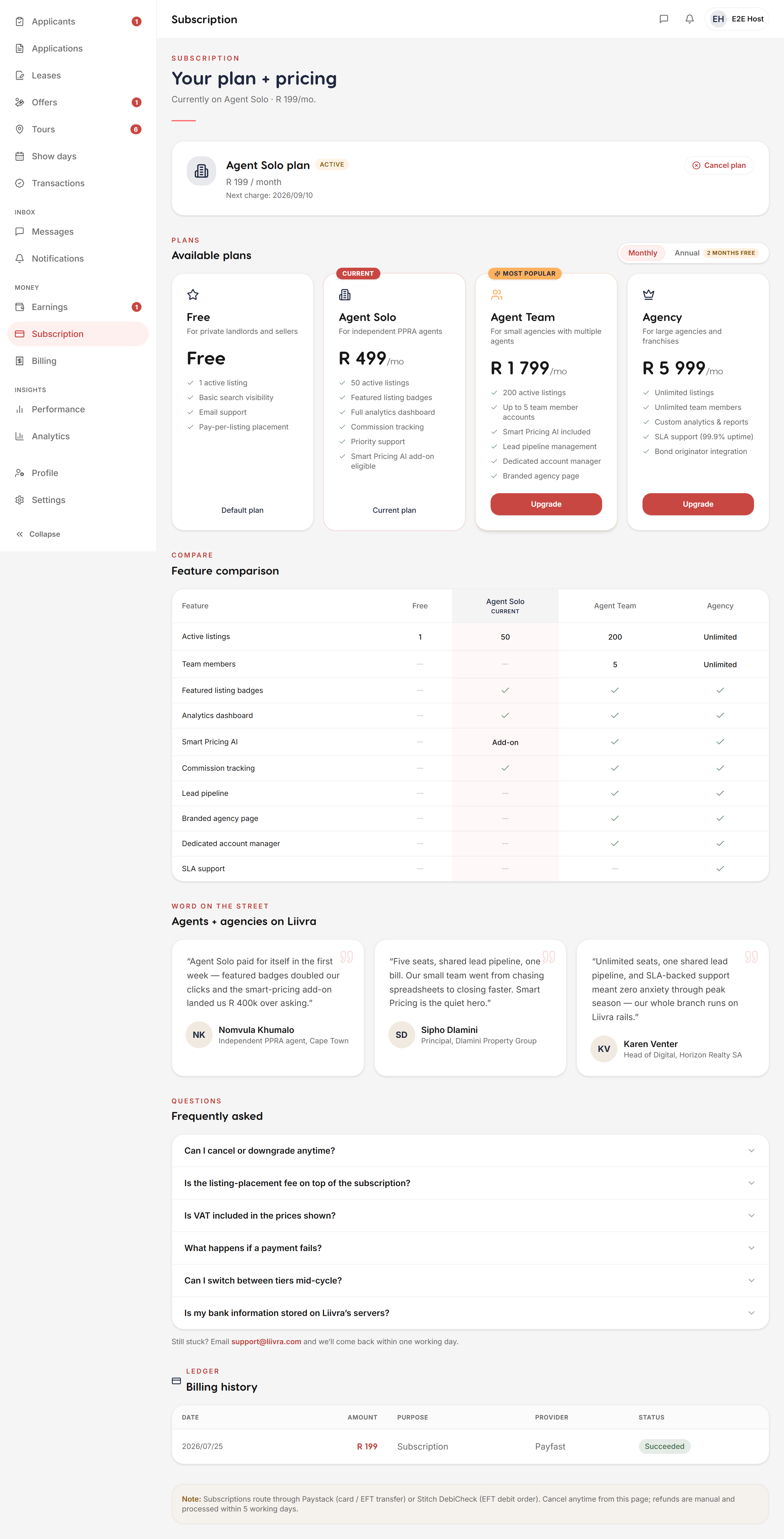 Subscription manage — Liivra web