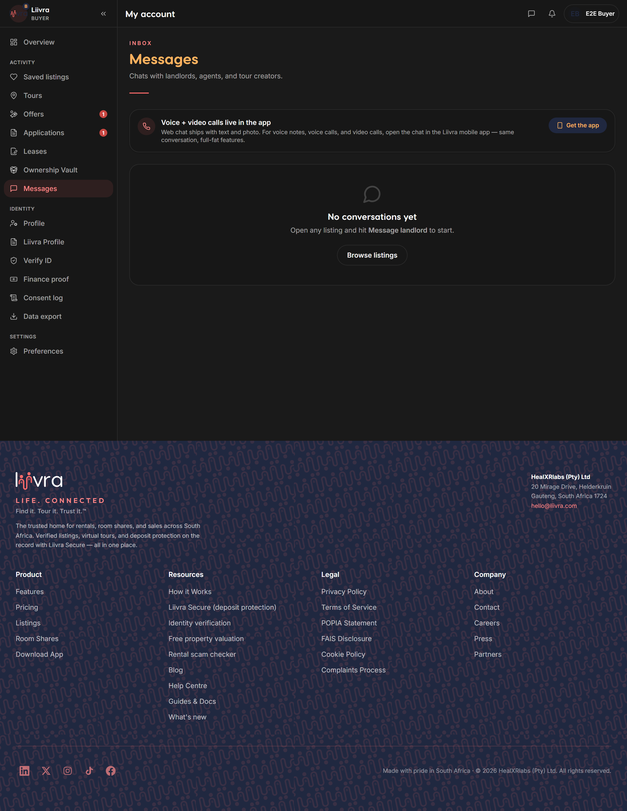 Account messages — Liivra web (dark)