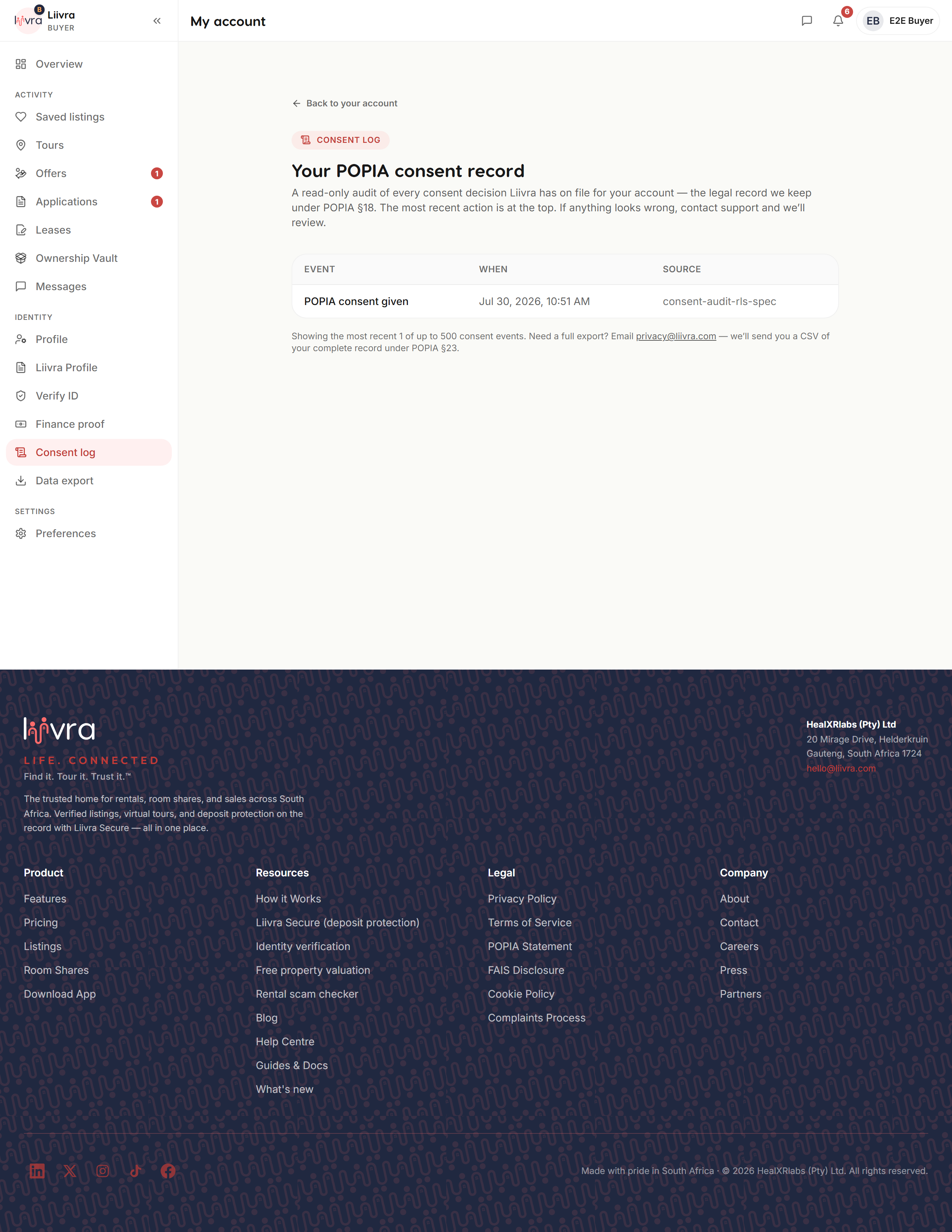 Consent log — Liivra web