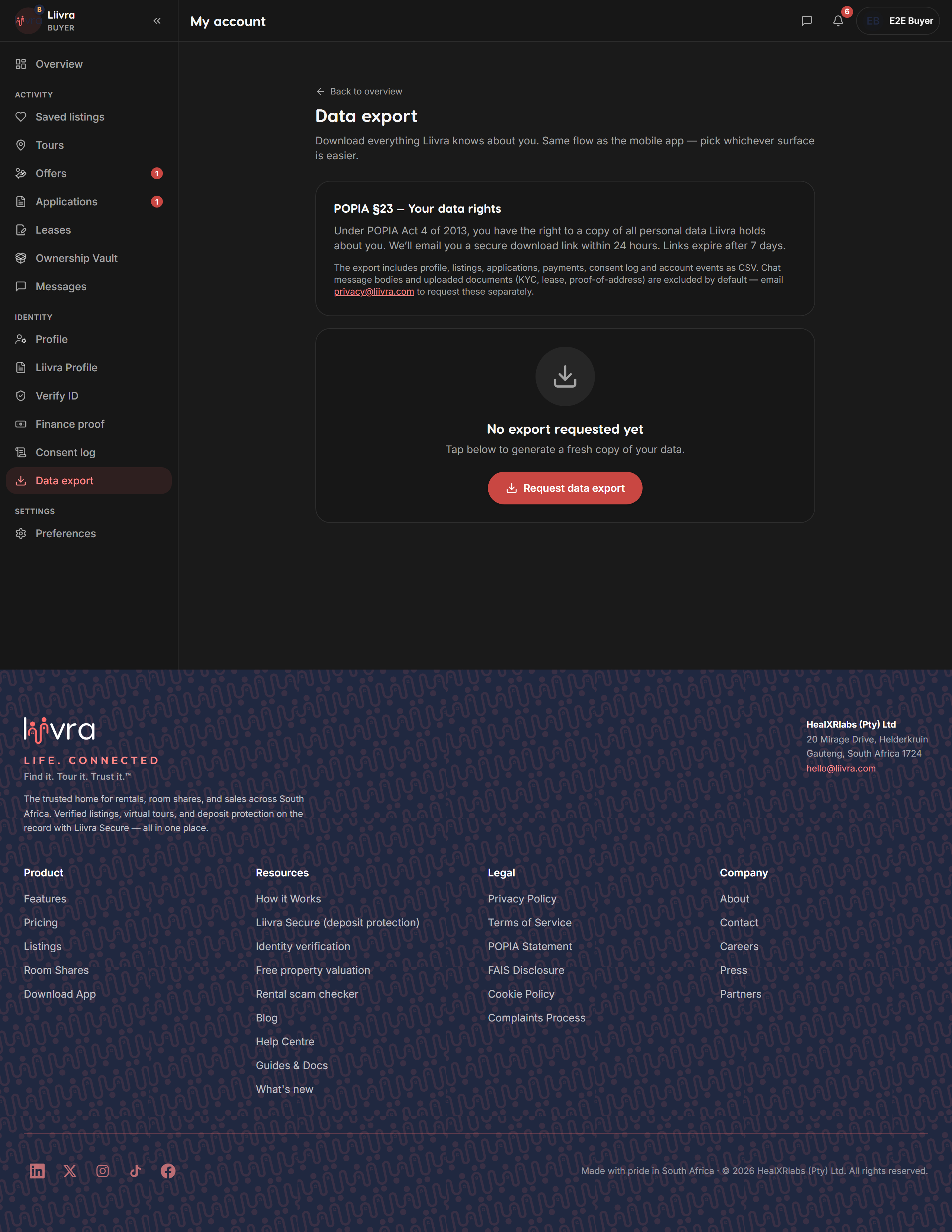 Data export — Liivra web (dark)
