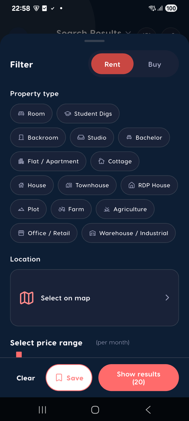 Search filters — Liivra app (dark)