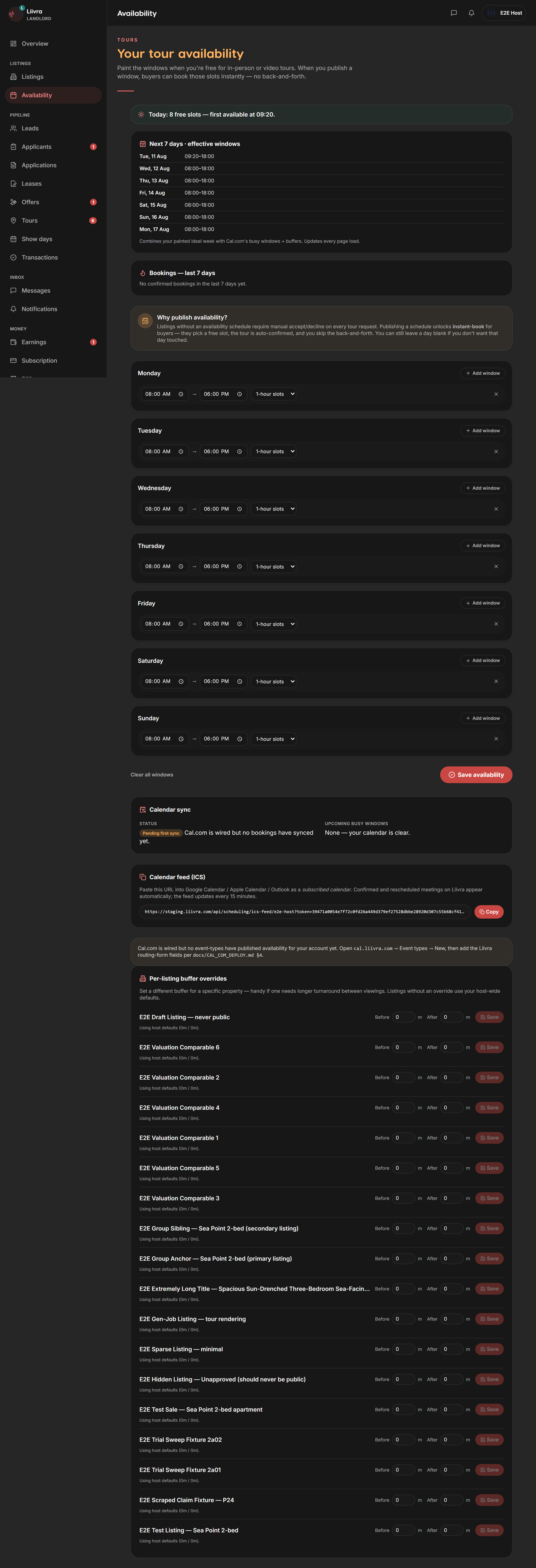 Availability editor — Liivra web (dark)