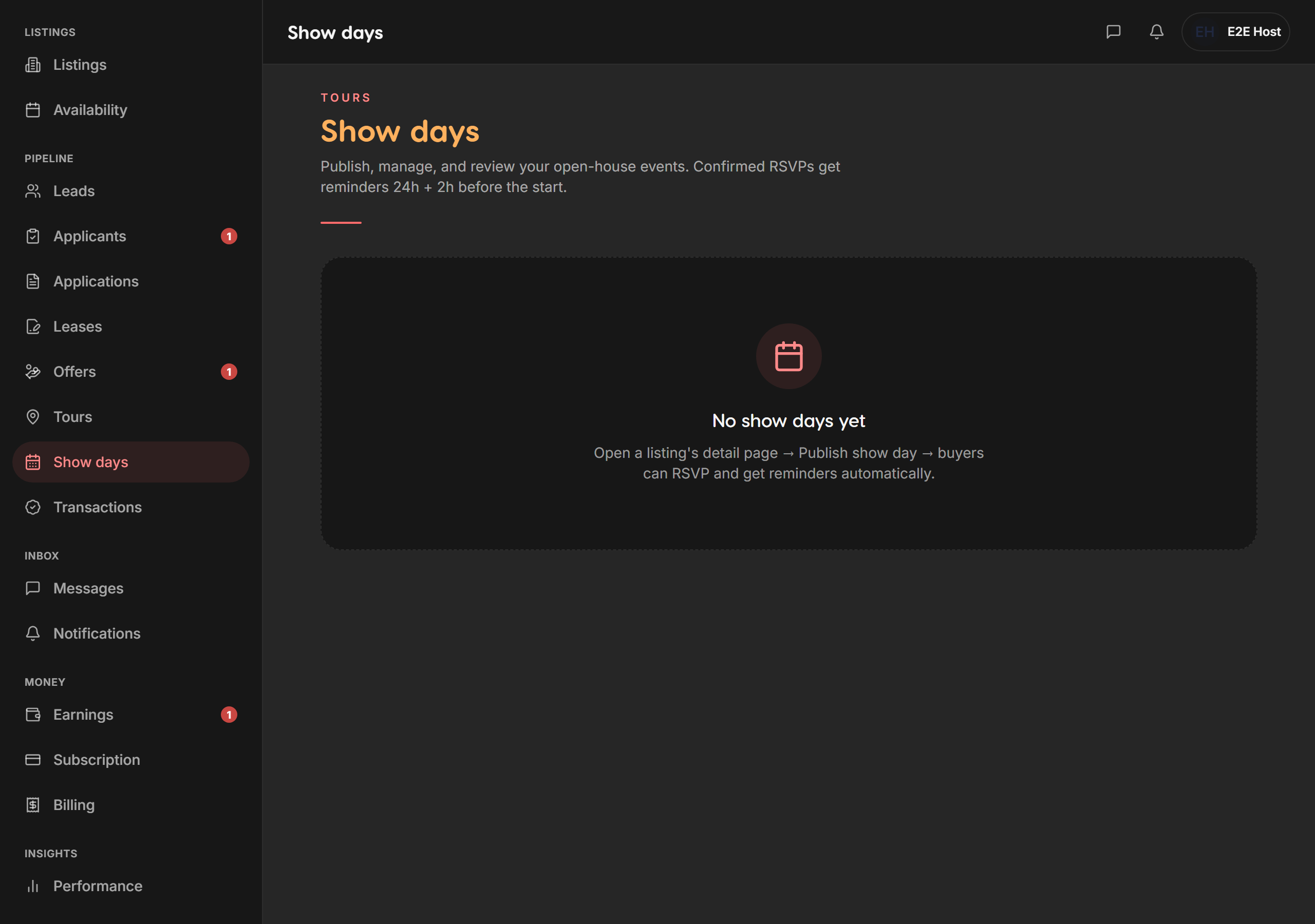 Show day create — Liivra web (dark)