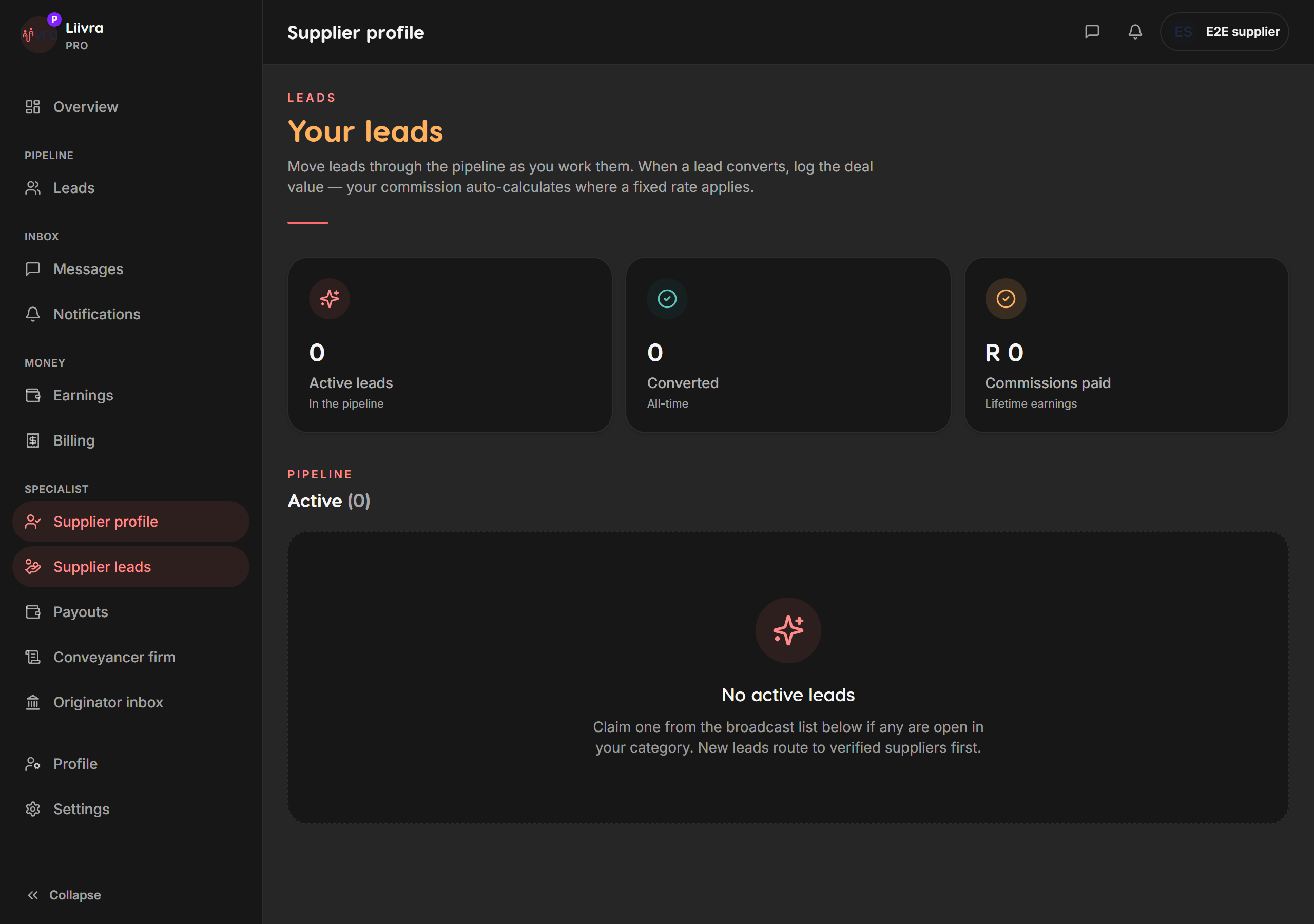 Supplier leads — Liivra web (dark)