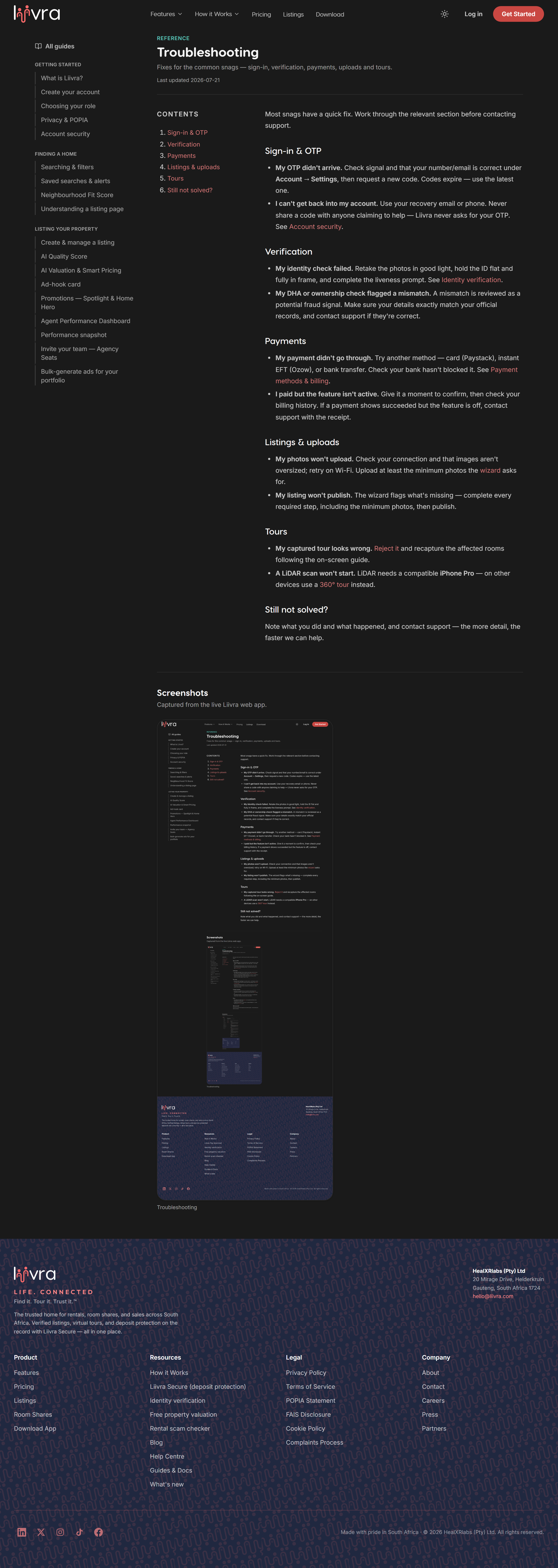Troubleshooting — Liivra web (dark)
