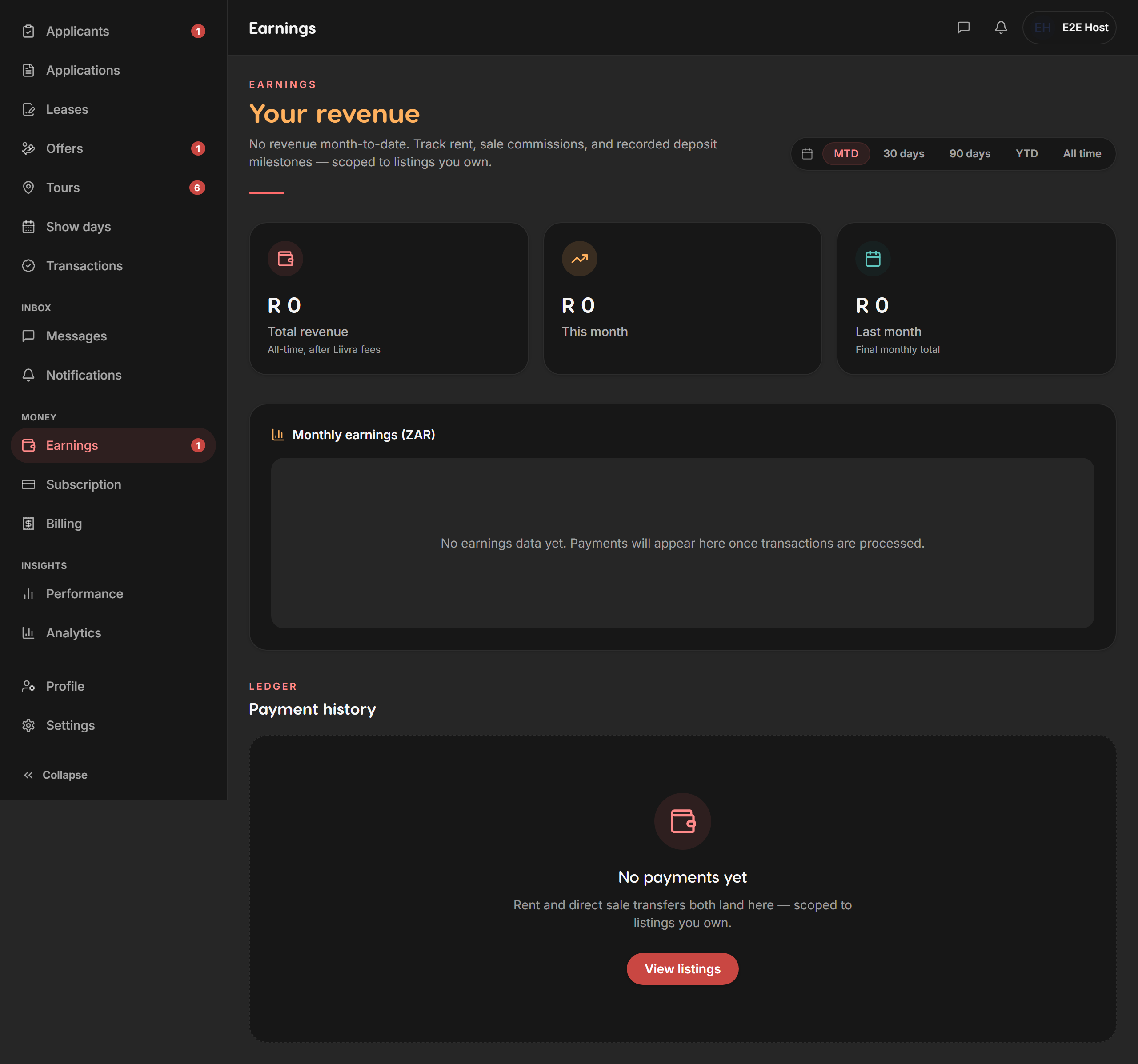 Earnings ledger — Liivra web (dark)