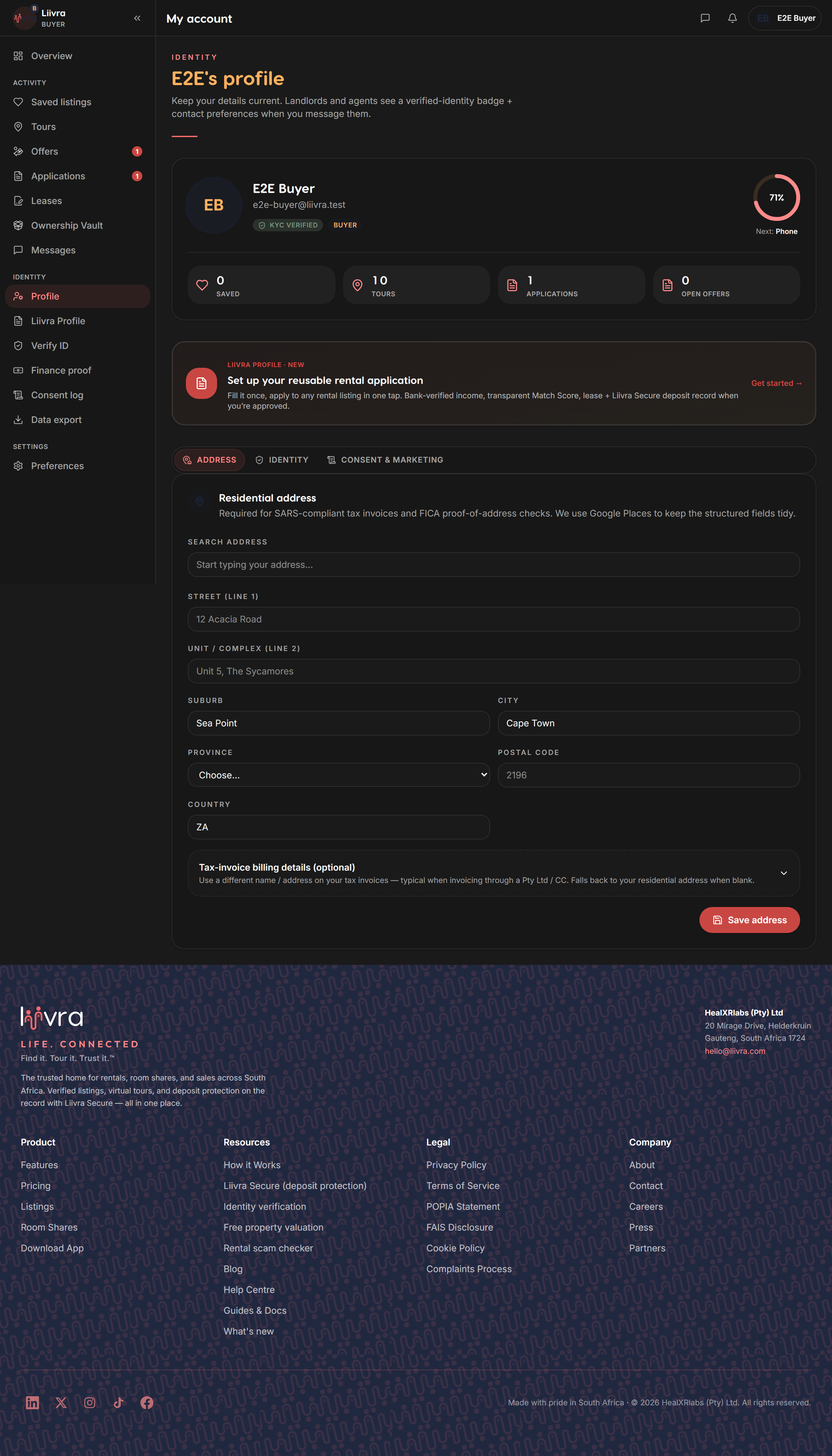 Account profile — Liivra web (dark)