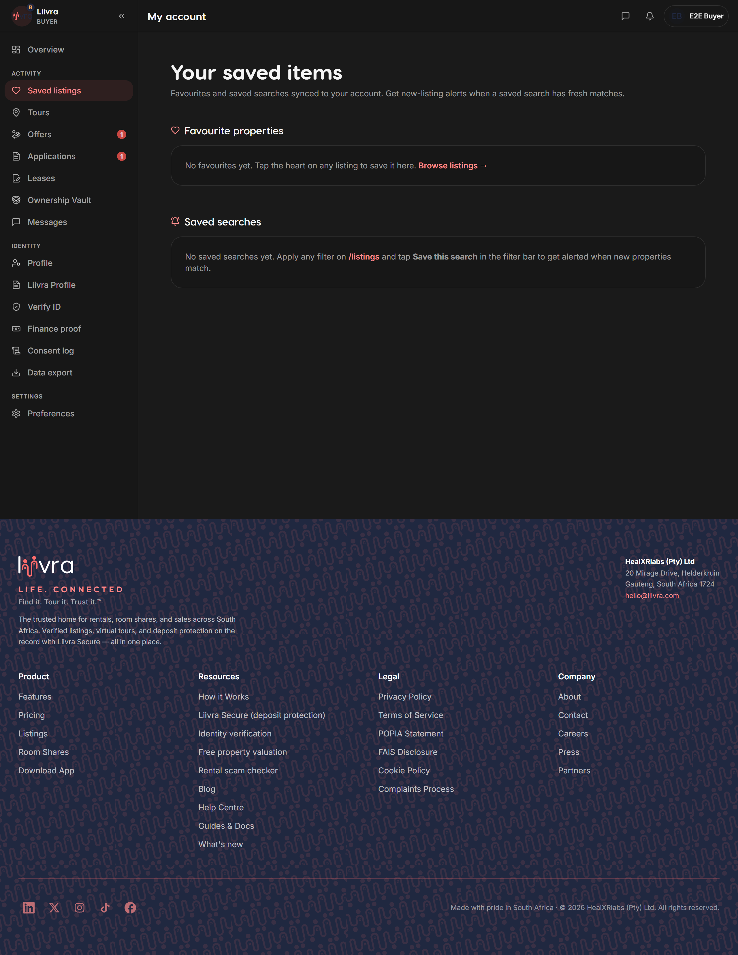 Saved homes — Liivra web (dark)